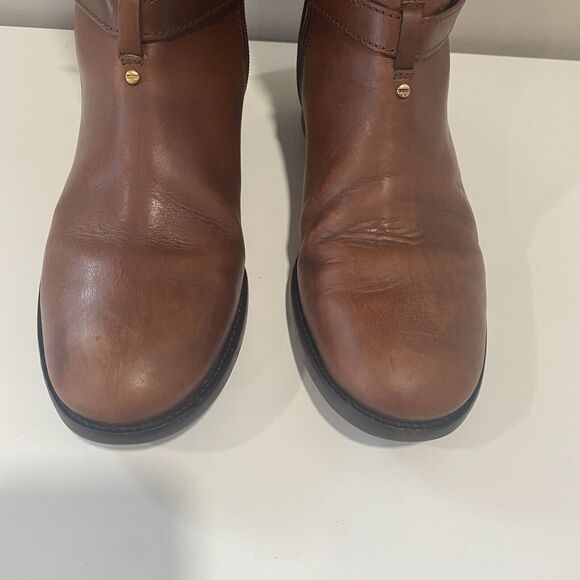 TORY BURCH BRITA Brown Leather Riding Boots 7.5 Gold Logo Tall Knee High Womens - Picture 8 of 16